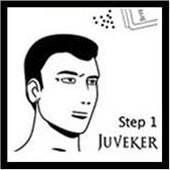 step 1 to apply juveker: gently tap the bottle (as you would tap a pepper shaker) to sprinkle the hair building fibers over the thinning hair or bald spot